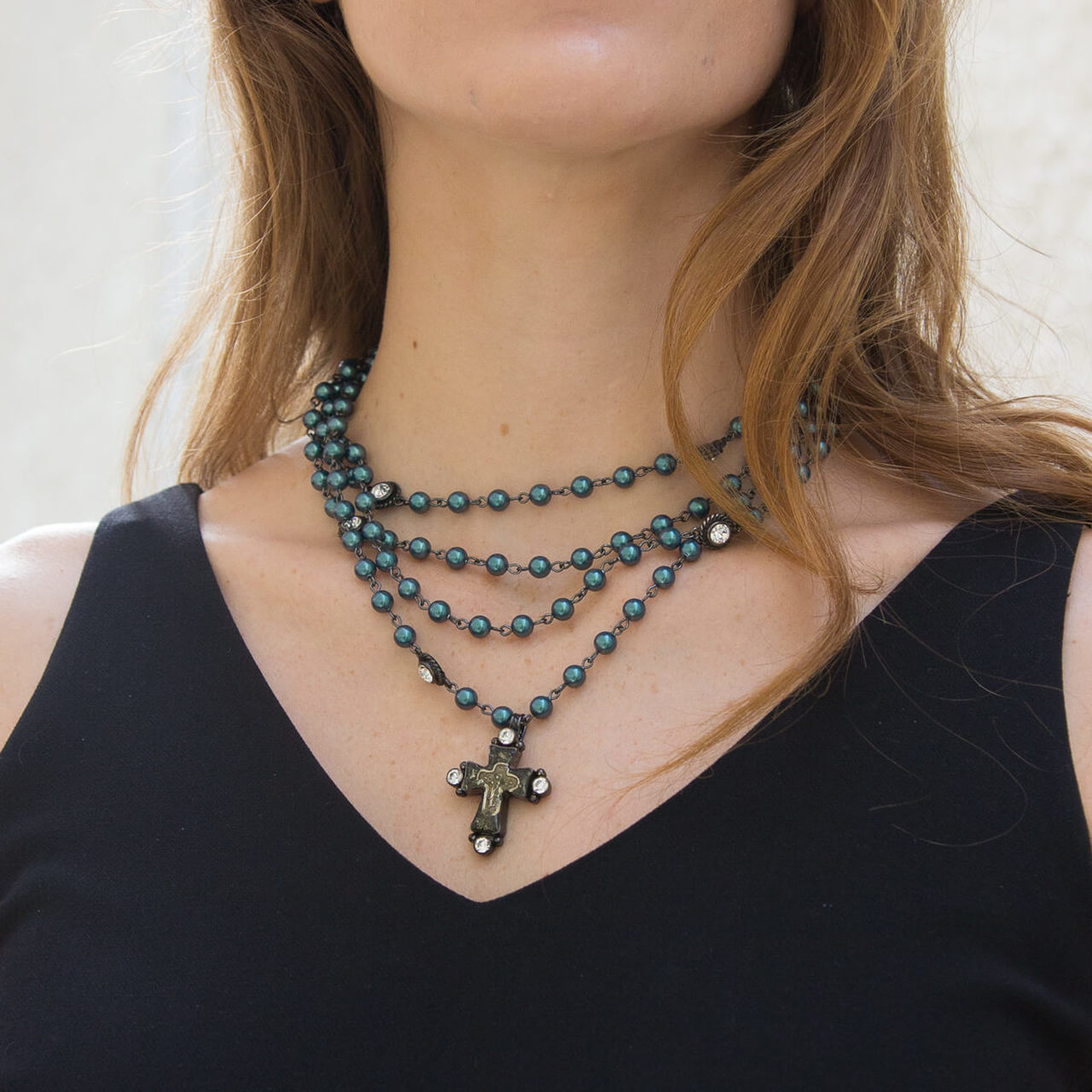 Cross Magdalena Necklace 6mm Gunmetal + Iridescent Tahitian